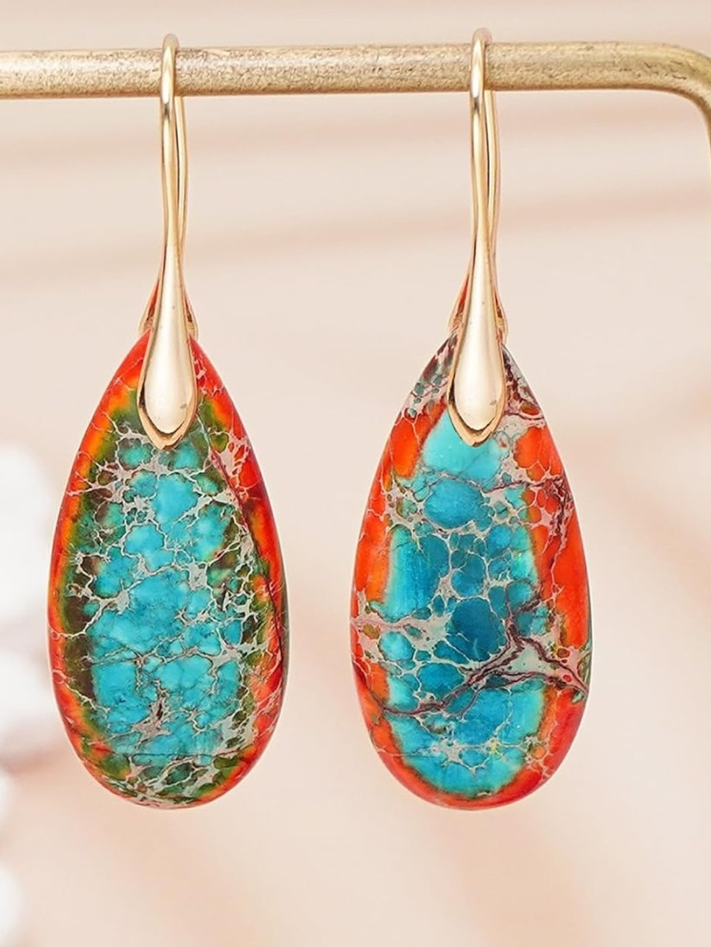 Anthropologie Turquoise & Orange Teardrop Earrings with Gold Hooks